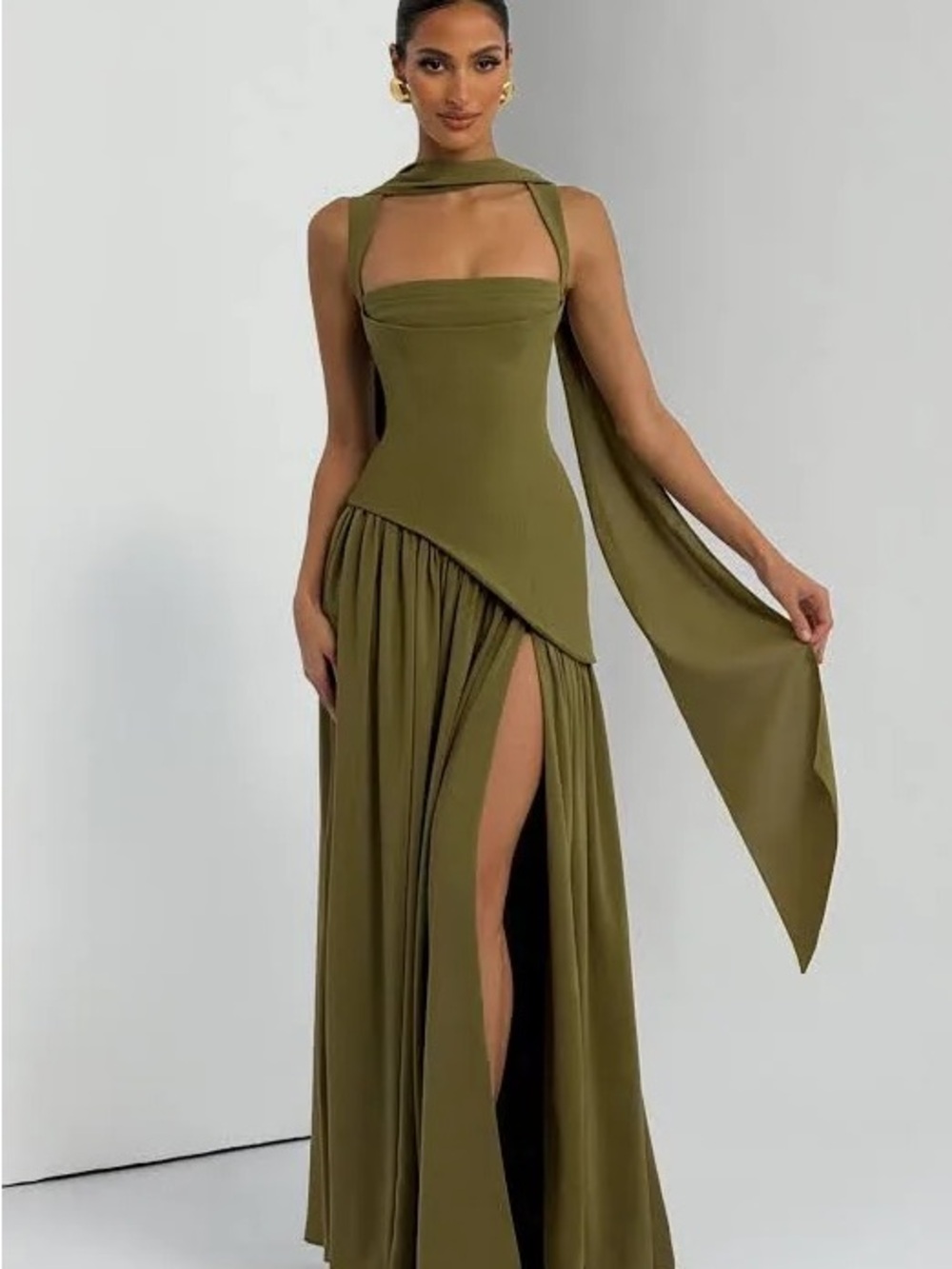 Olive Green Asymmetric Draped Maxi Dress with Scarf Detail
